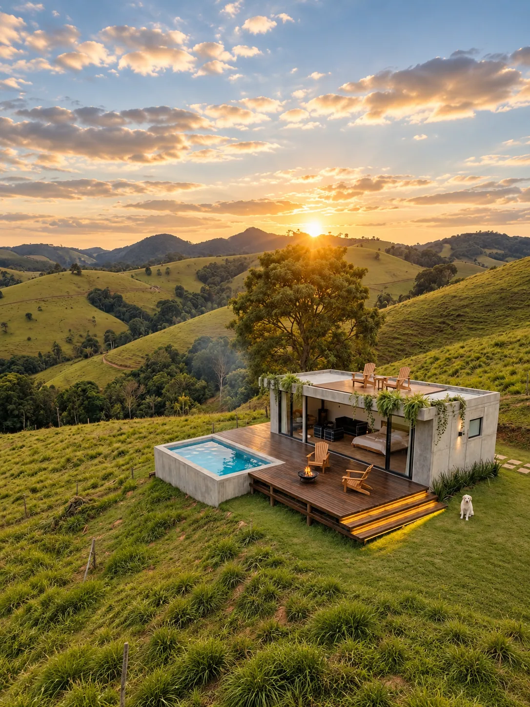 Cena ilustrativa: chalé com vista em ambiente rural