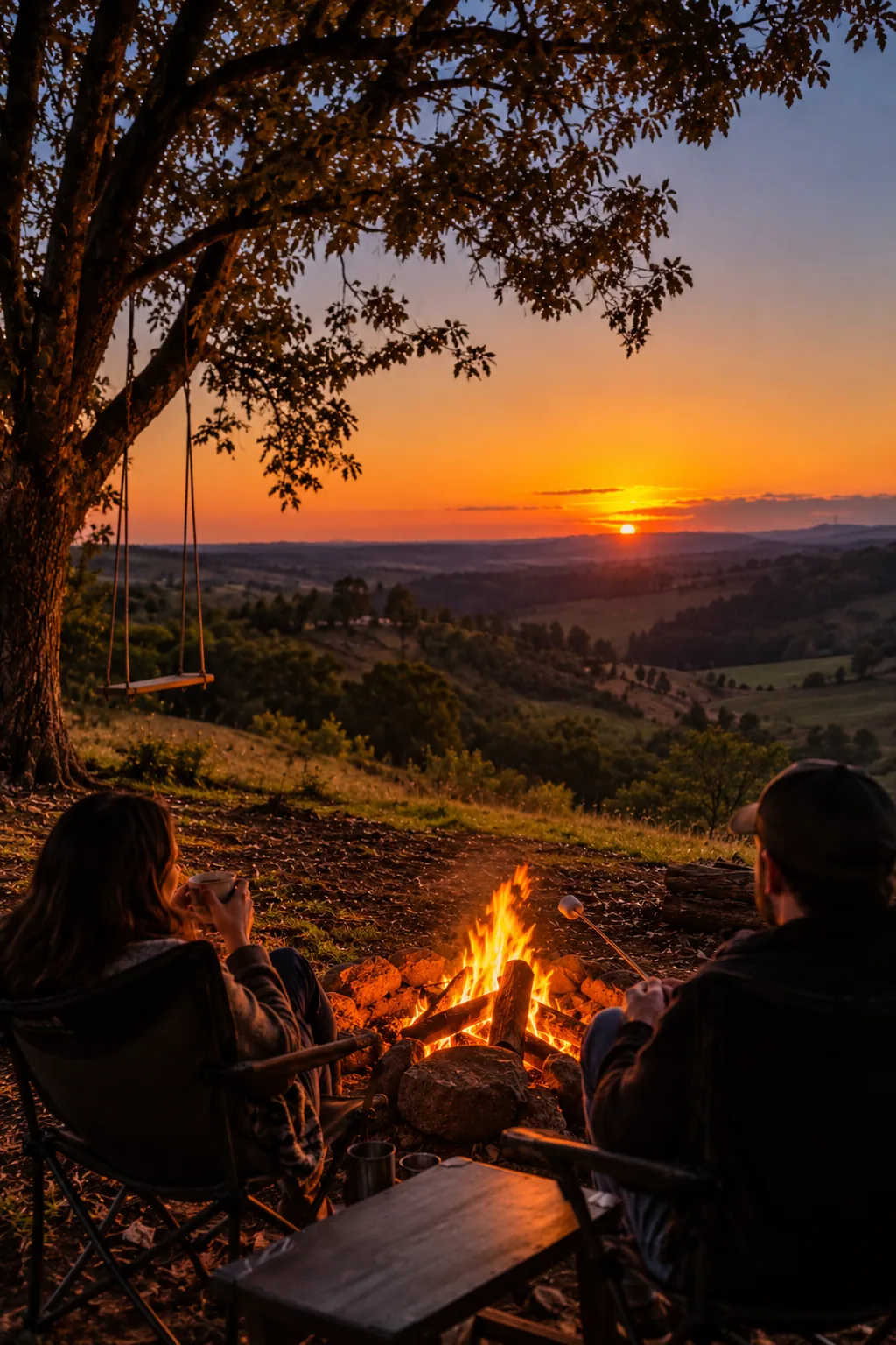 Cena ilustrativa: uma fogueira ao entardecer em ambiente rural