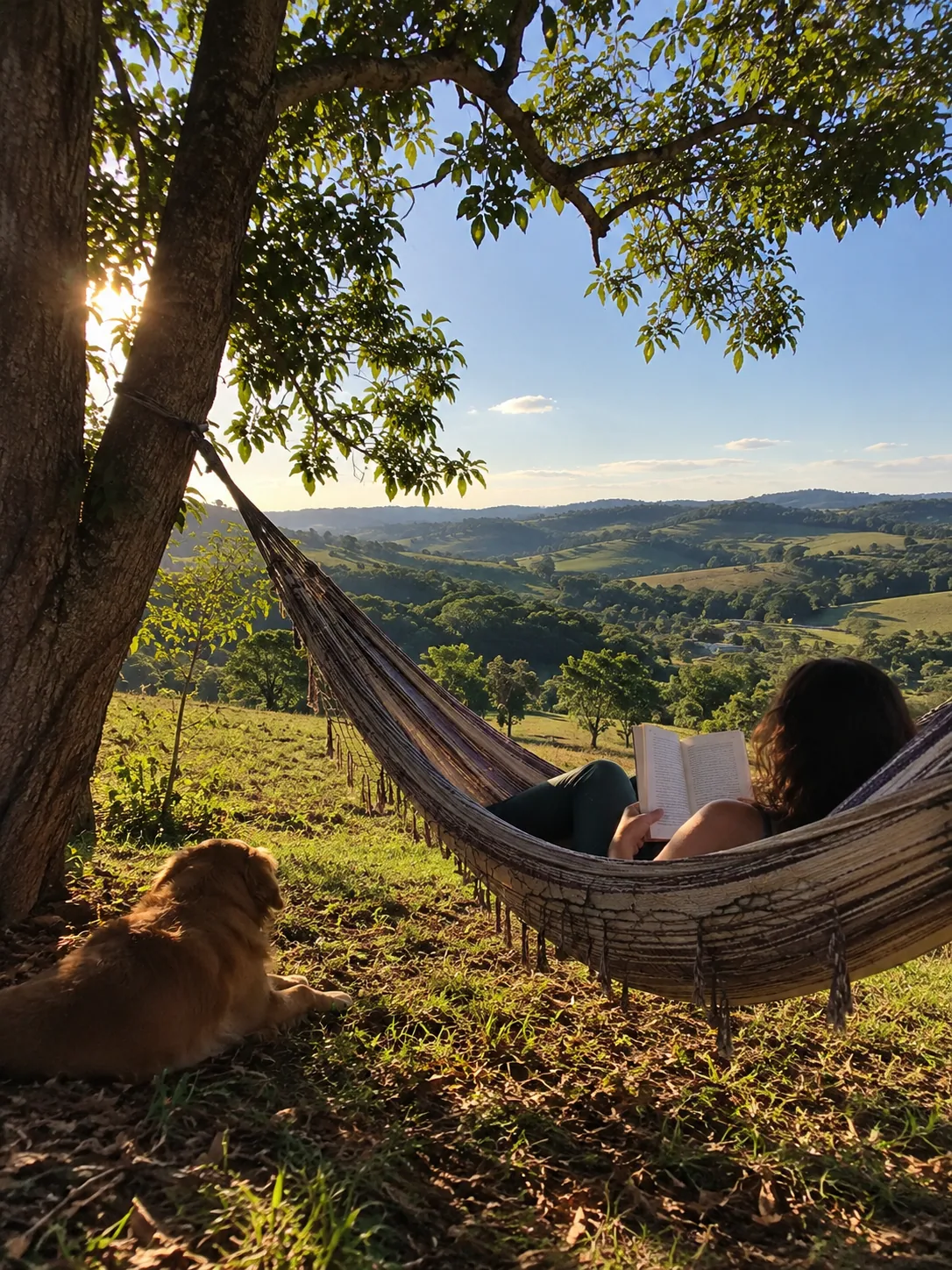 Cena ilustrativa: rede, livro e silêncio em ambiente rural